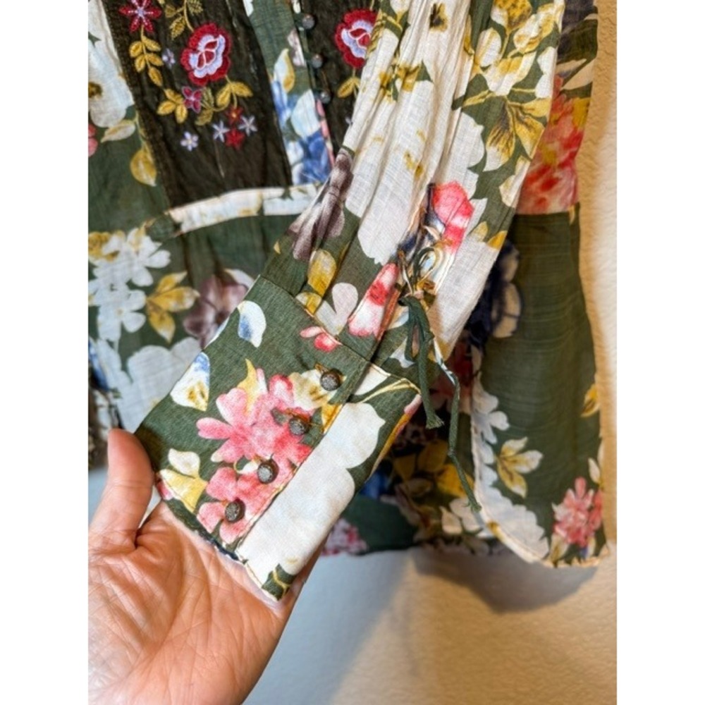Aratta Silent Journey Floral Velvet Trim Embroidered 3/4 Button Top XL Olive - Picture 7 of 7